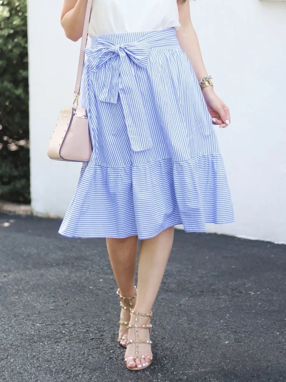 J. Crew Blue and White Striped Tie-Waist Midi Skirt